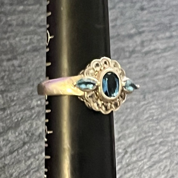 Vintage Sterling Silver 925 Blue Topaz And Cz Floral Ring Size 12 - Picture 10 of 16